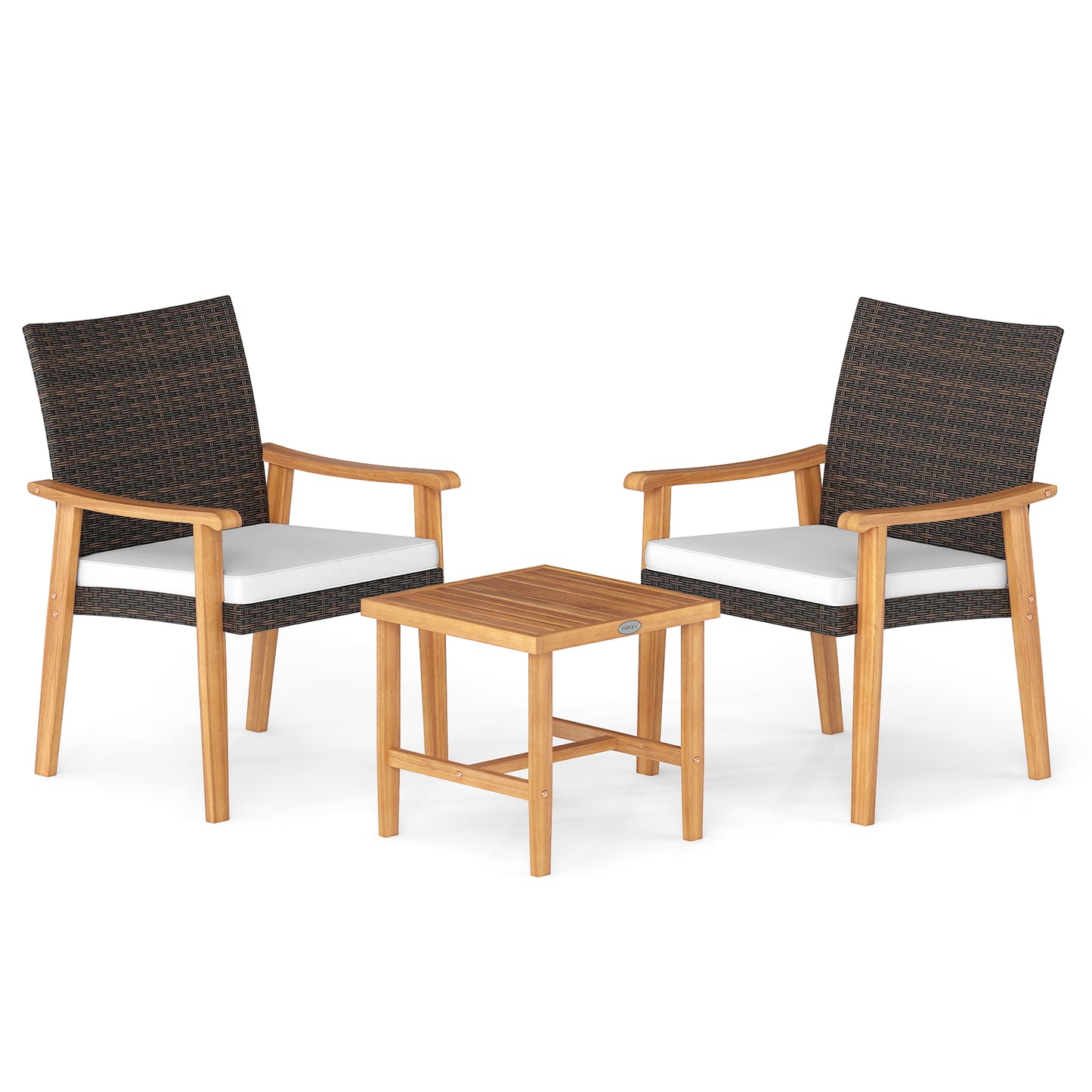 3 Pieces Patio PE Wicker Furniture Set Acacia Wood Outdoor Conversation Bistro Set-White