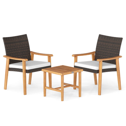 3 Pieces Patio PE Wicker Furniture Set Acacia Wood Outdoor Conversation Bistro Set-White