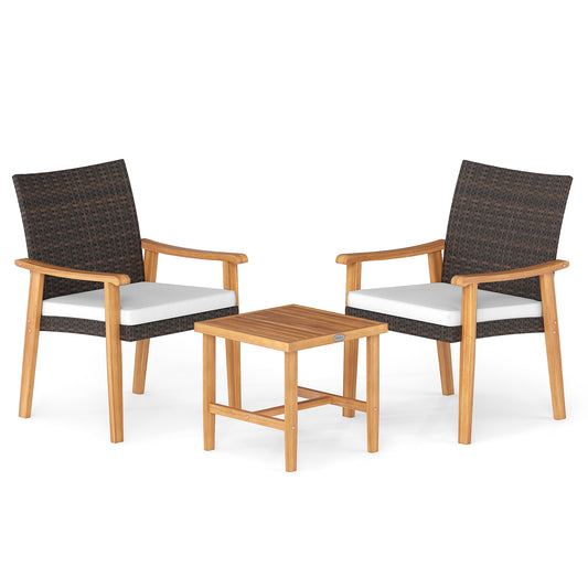 3 Pieces Patio PE Wicker Furniture Set Acacia Wood Outdoor Conversation Bistro Set-White