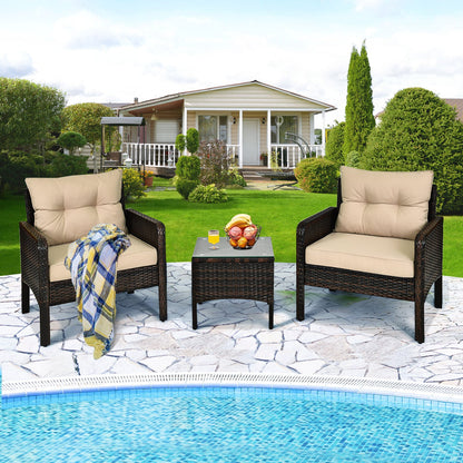 3 Pieces Patio PE Wicker Furniture Set with Cushions  for Porch and Balcony-Beige