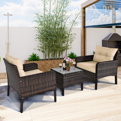 3 Pieces Patio PE Wicker Furniture Set with Cushions  for Porch and Balcony-Beige