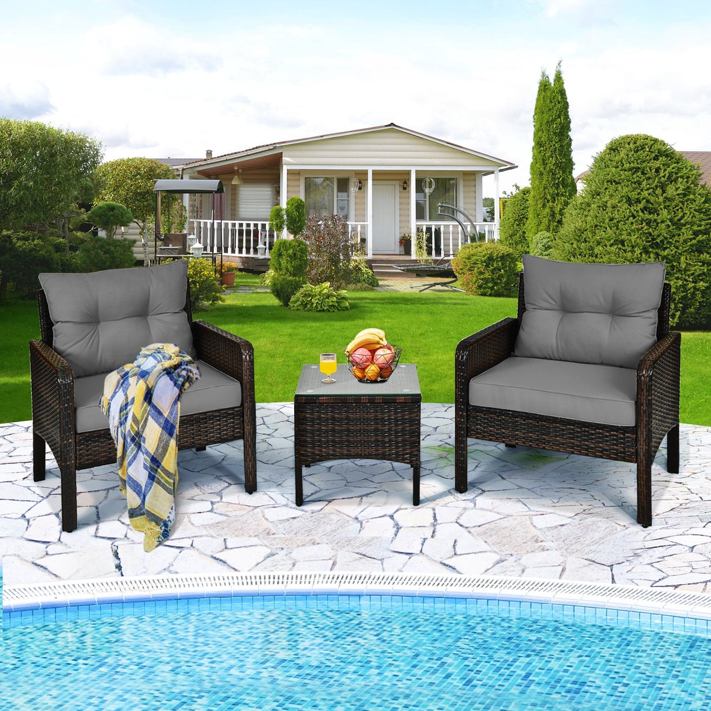 3 Pieces Patio PE Wicker Furniture Set with Cushions  for Porch and Balcony-Beige
