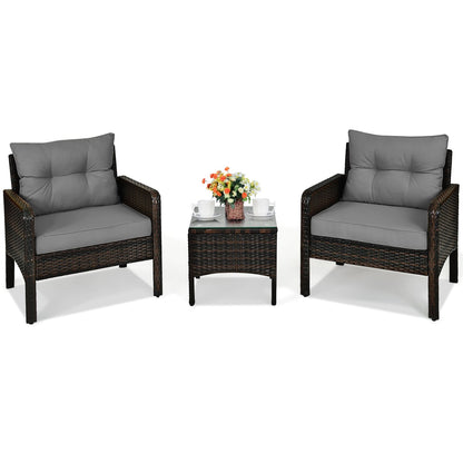 3 Pieces Patio PE Wicker Furniture Set with Cushions  for Porch and Balcony-Beige