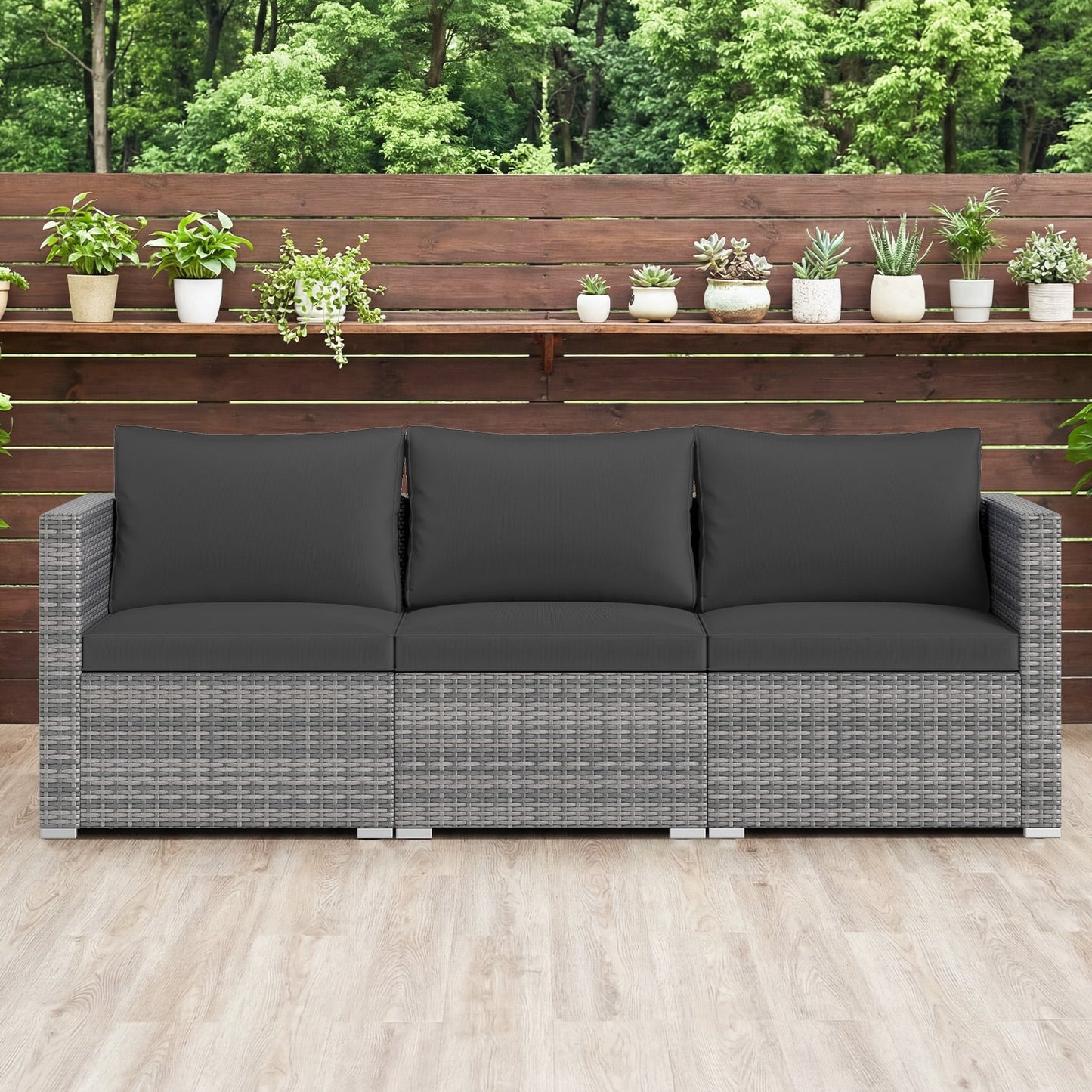 3 Pieces Patio Sectional Sofa Set PE Rattan Modular Couch Furniture Set with Soft Cushions-Black