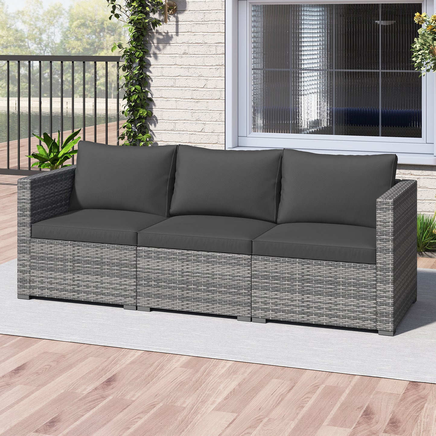 3 Pieces Patio Sectional Sofa Set PE Rattan Modular Couch Furniture Set with Soft Cushions-Black