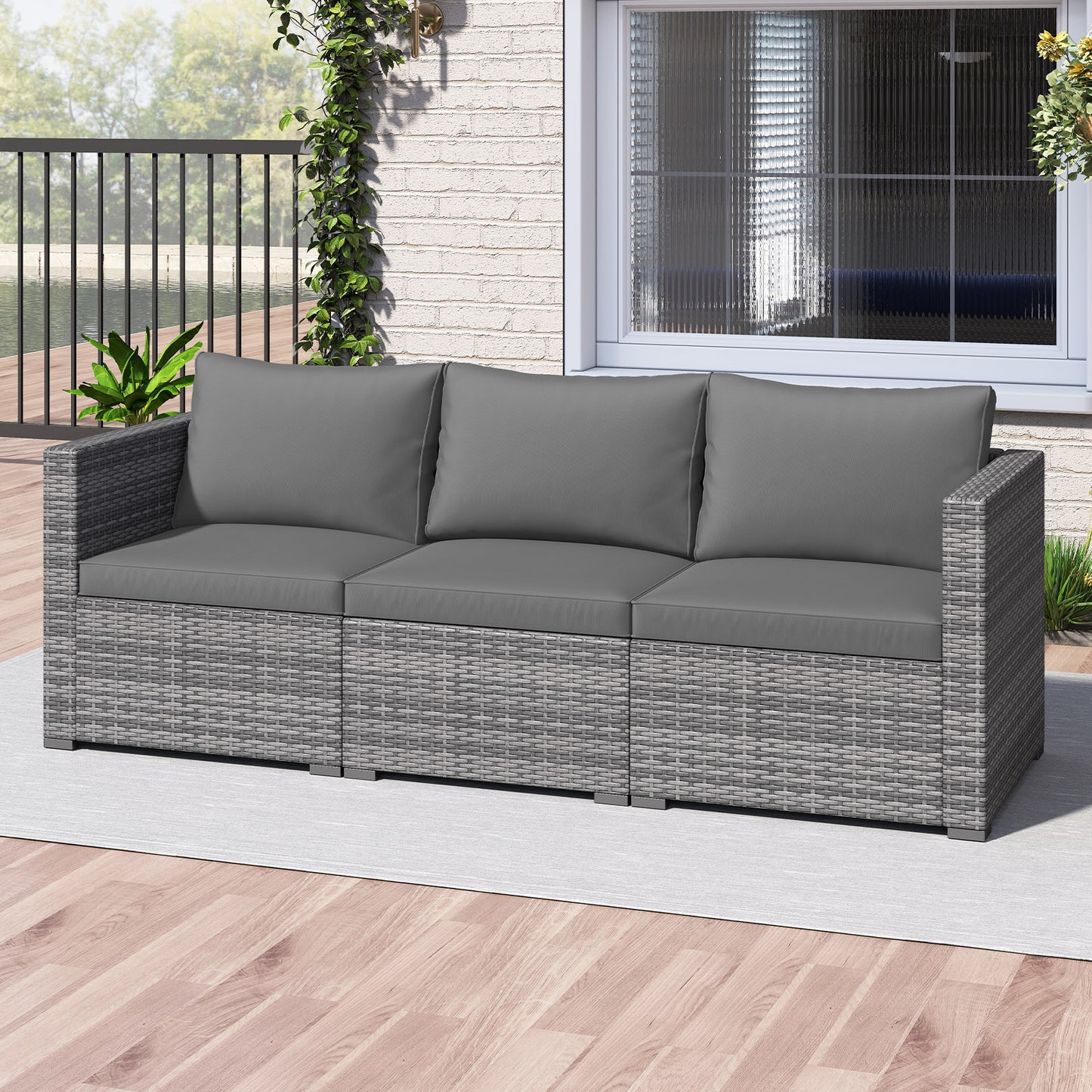 3 Pieces Patio Sectional Sofa Set PE Rattan Modular Couch Furniture Set with Soft Cushions-Black