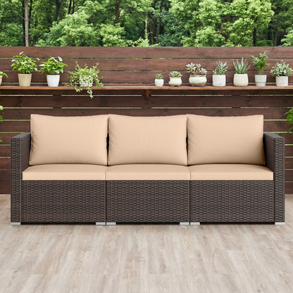3 Pieces Patio Sectional Sofa Set with Soft Cushions-Beige