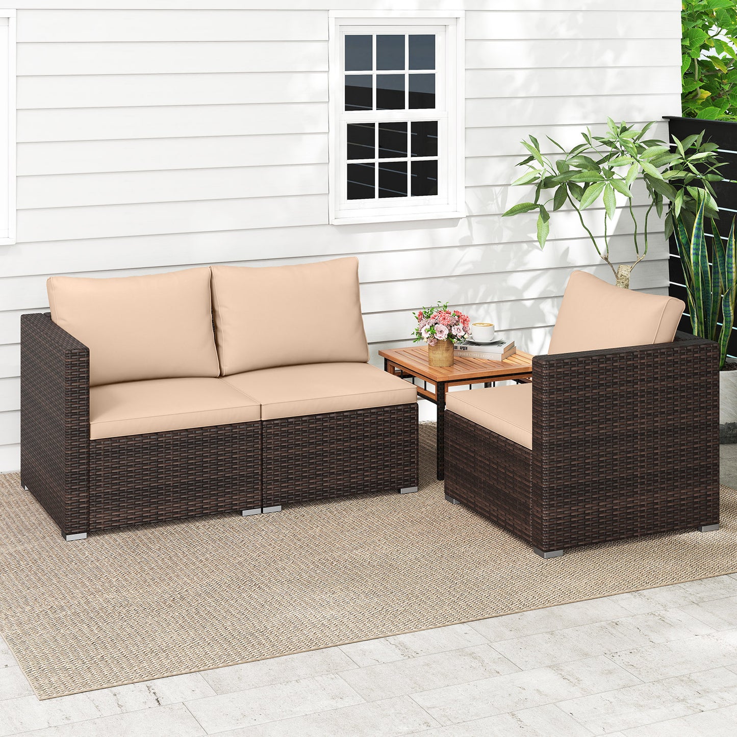 3 Pieces Patio Sectional Sofa Set with Soft Cushions-Beige
