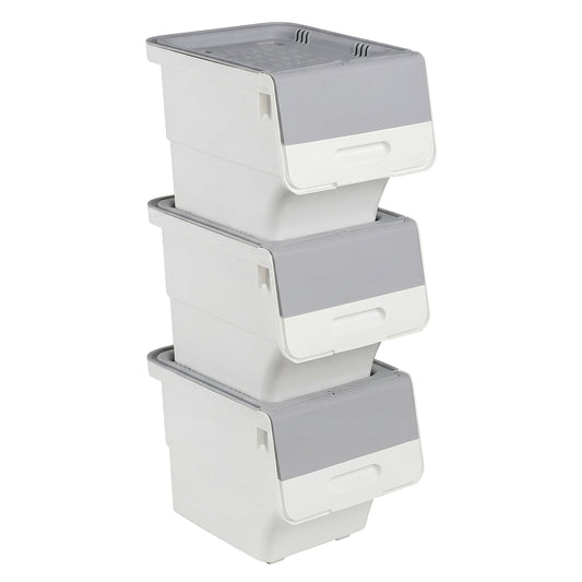 3 Pieces Storage Bins on Wheels Stackable Plastic Boxes with Stay-Open Lid (S)-Gray