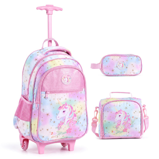 Pink unicorn rolling backpack with matching lunch box and accessories for kids, featuring colorful unicorn design and sturdy wheels.