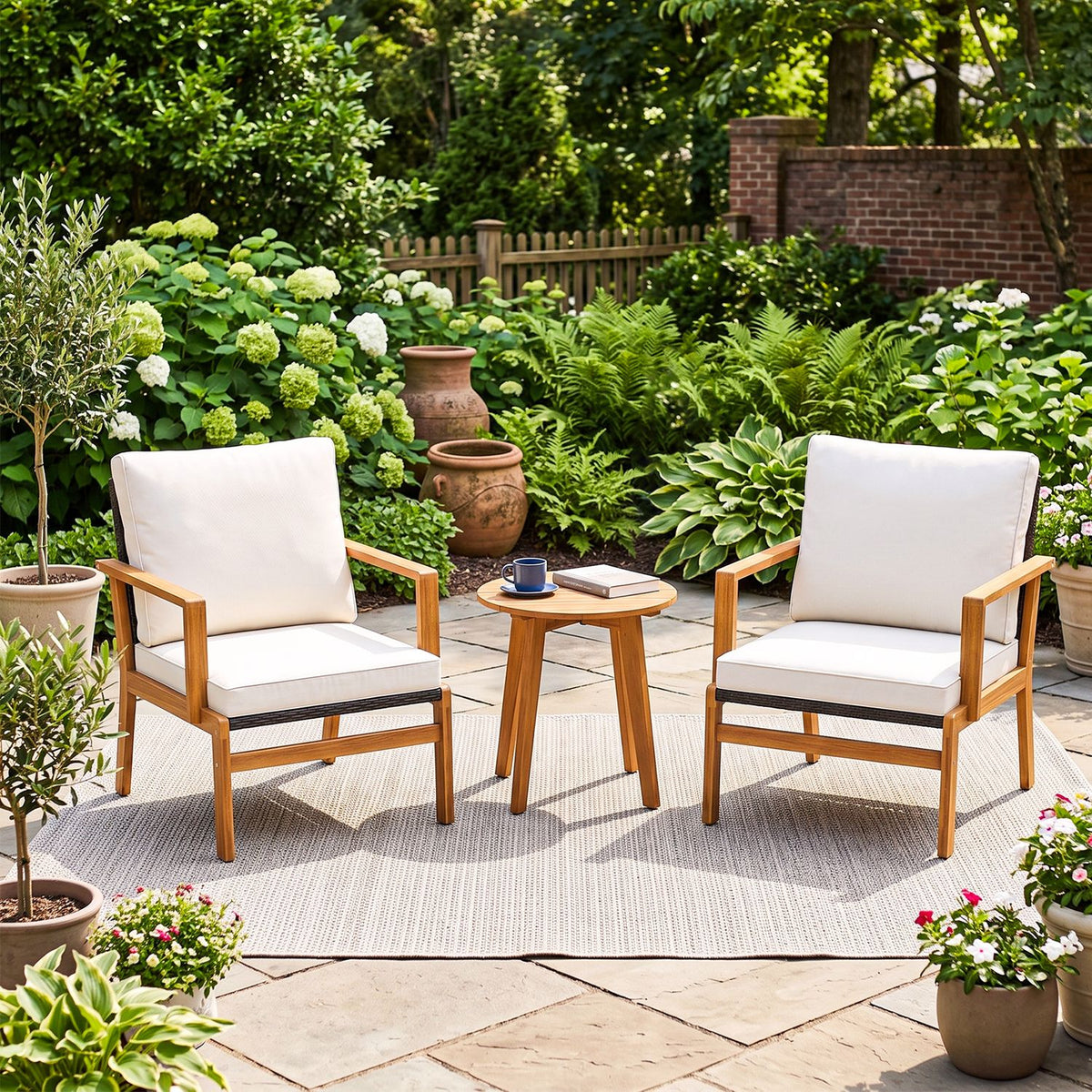 3 Pieces Wicker Sofa and Acacia Wood Table Set with Seat and Back Cushion-Offwhite