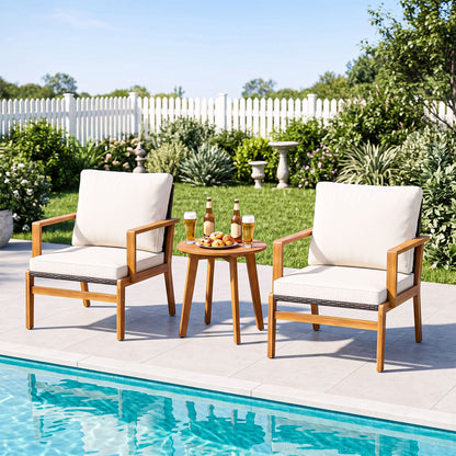 3 Pieces Wicker Sofa and Acacia Wood Table Set with Seat and Back Cushion-Offwhite