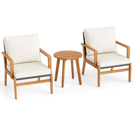 Outdoor wicker sofa and acacia wood table set with off-white cushions, 3-piece patio conversation furniture by Wilsons Home Store