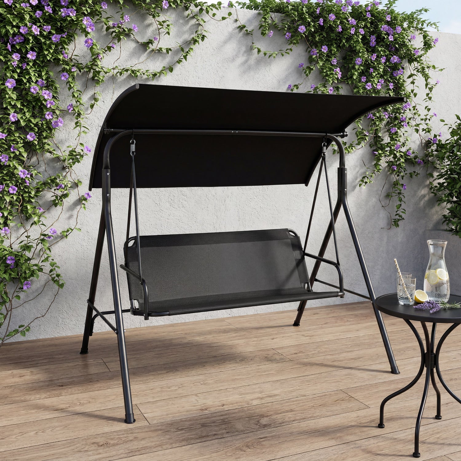 Beige 3-seat outdoor patio swing chair with breathable mesh fabrics, ideal for porch or garden relaxation.