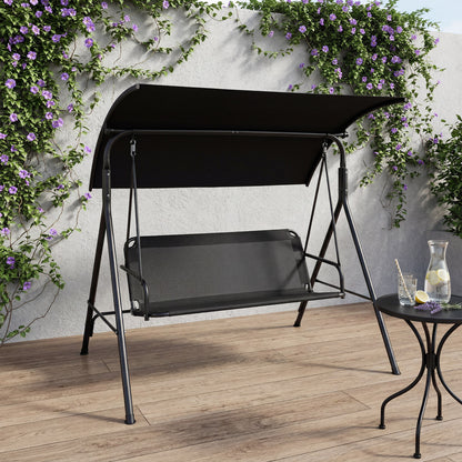 Beige 3-seat outdoor patio swing chair with breathable mesh fabrics, ideal for porch or garden relaxation.