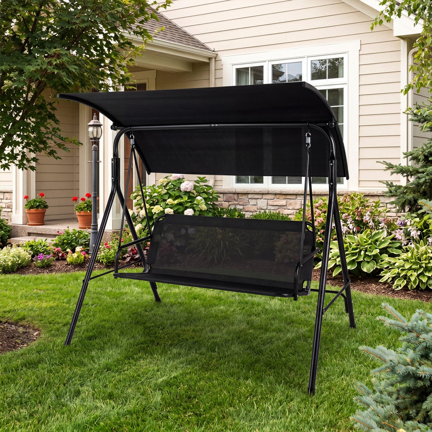 Beige 3-seat outdoor patio swing chair with breathable mesh fabrics, perfect for porch relaxation and outdoor comfort.