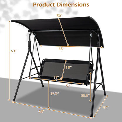 Beige 3-seat outdoor patio swing chair with breathable mesh fabrics, perfect for porch relaxation and outdoor comfort.