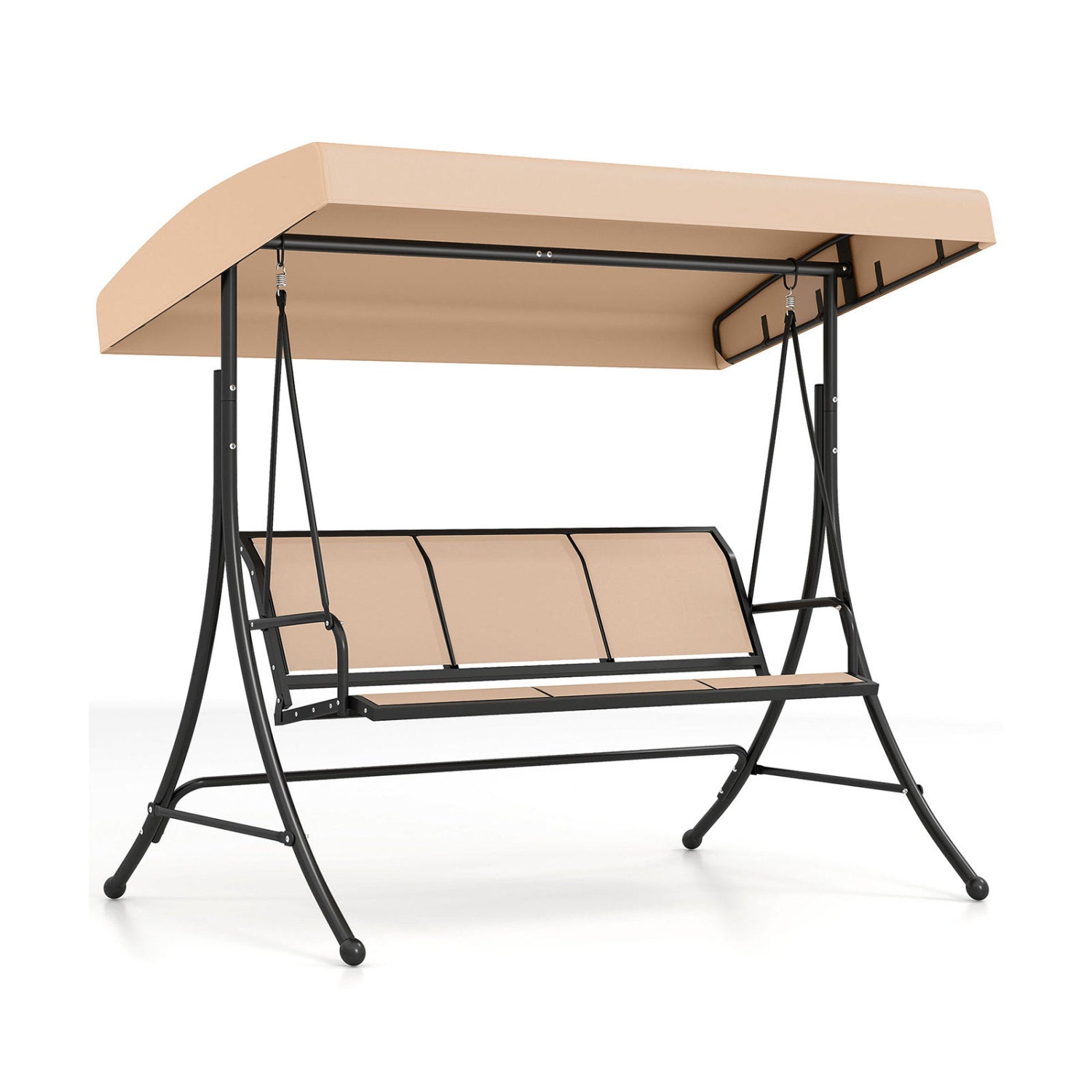 Beige 3-seat outdoor patio swing chair with adjustable canopy, perfect for porch relaxation from Wilsons Home Store.