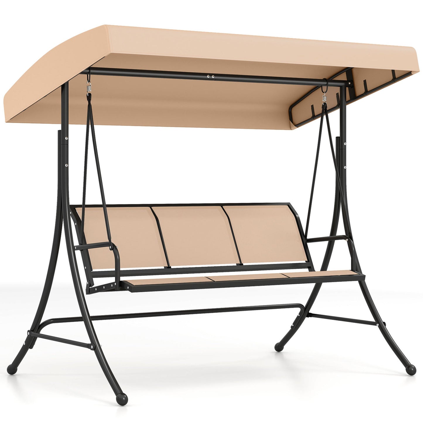 Beige 3-seat patio swing chair with adjustable canopy, outdoor porch swing from Wilsons Home Store, perfect for relaxing outdoors.