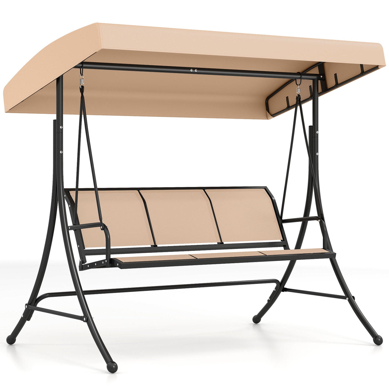 Beige 3-seat patio swing chair with adjustable canopy, outdoor porch swing from Wilsons Home Store, perfect for relaxing outdoors.