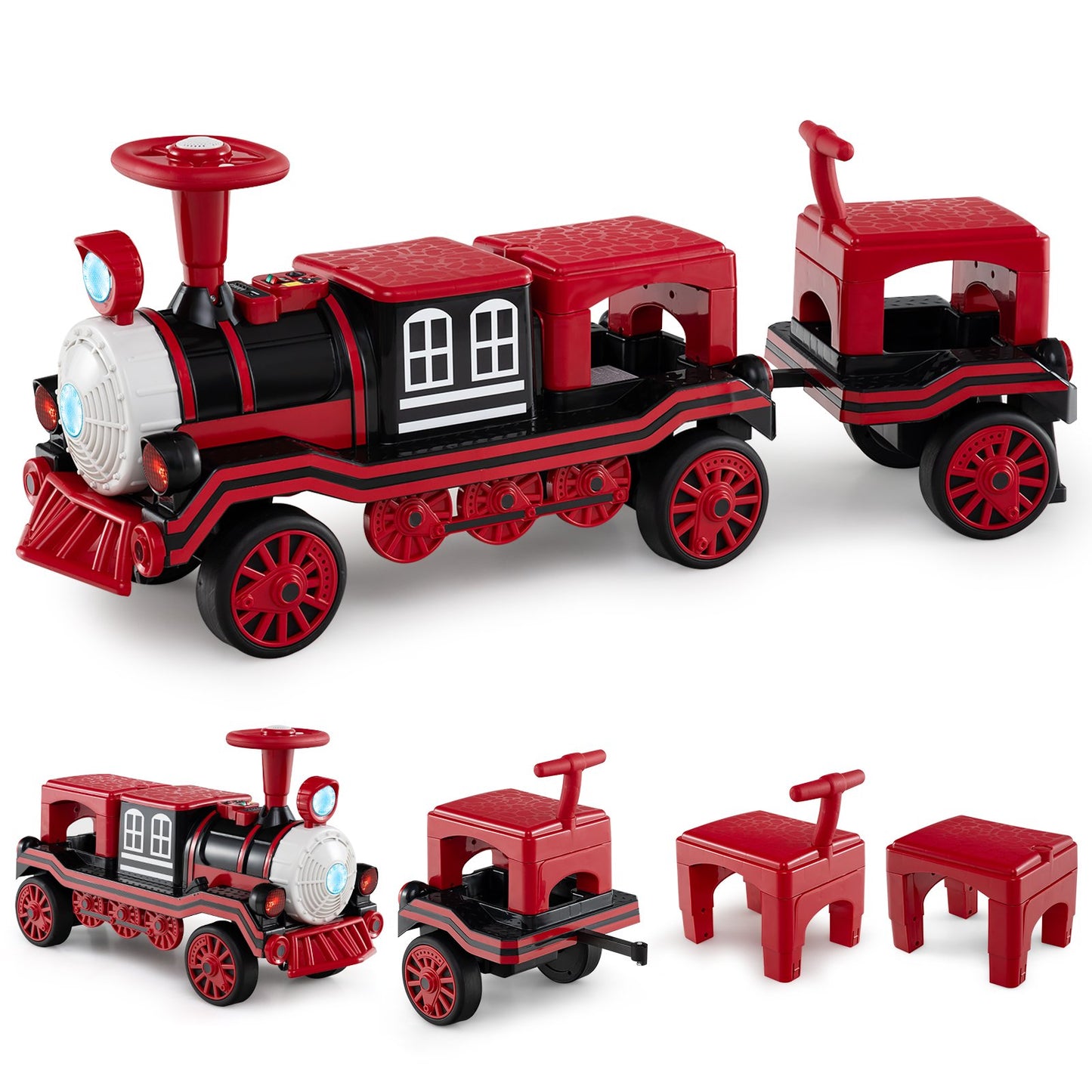 3-Seater Trackless Ride on Train Set 12V Ride on Toy Car with 2 Removable Chairs-Blue