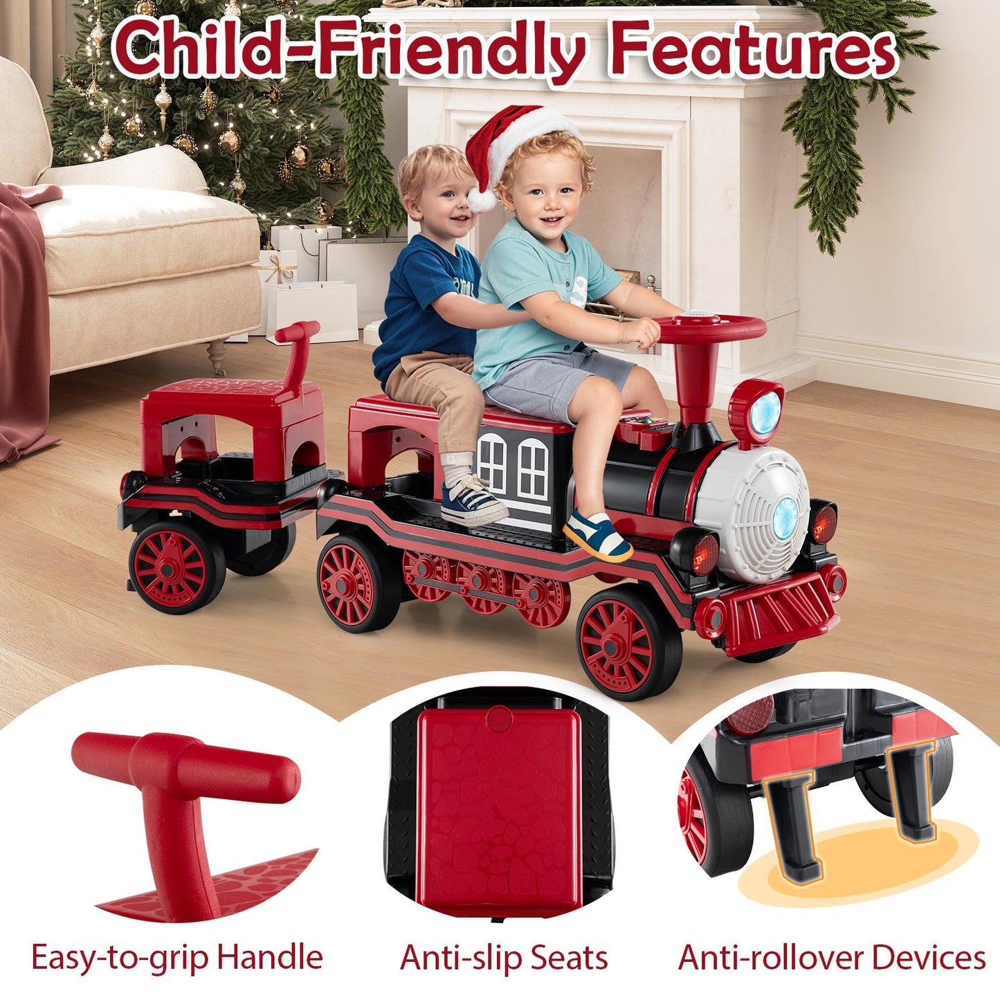3-Seater Trackless Ride on Train Set 12V Ride on Toy Car with 2 Removable Chairs-Blue