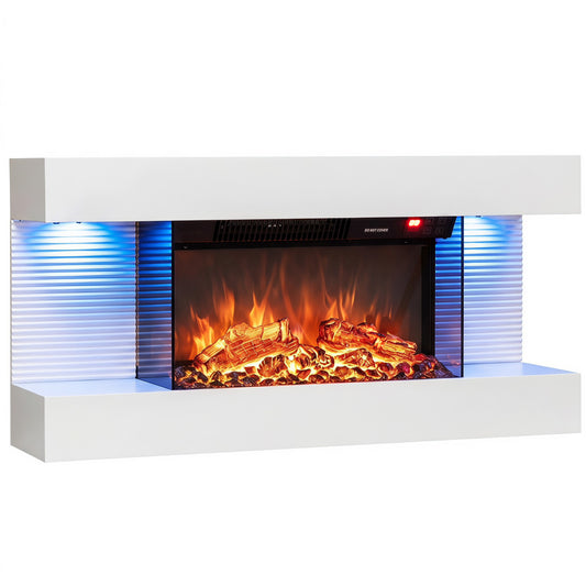 3-Sided  White Wall Mount Electric WiFi Fireplace with Floating Mantel and 12 Flame Ambient Colors-32 inch