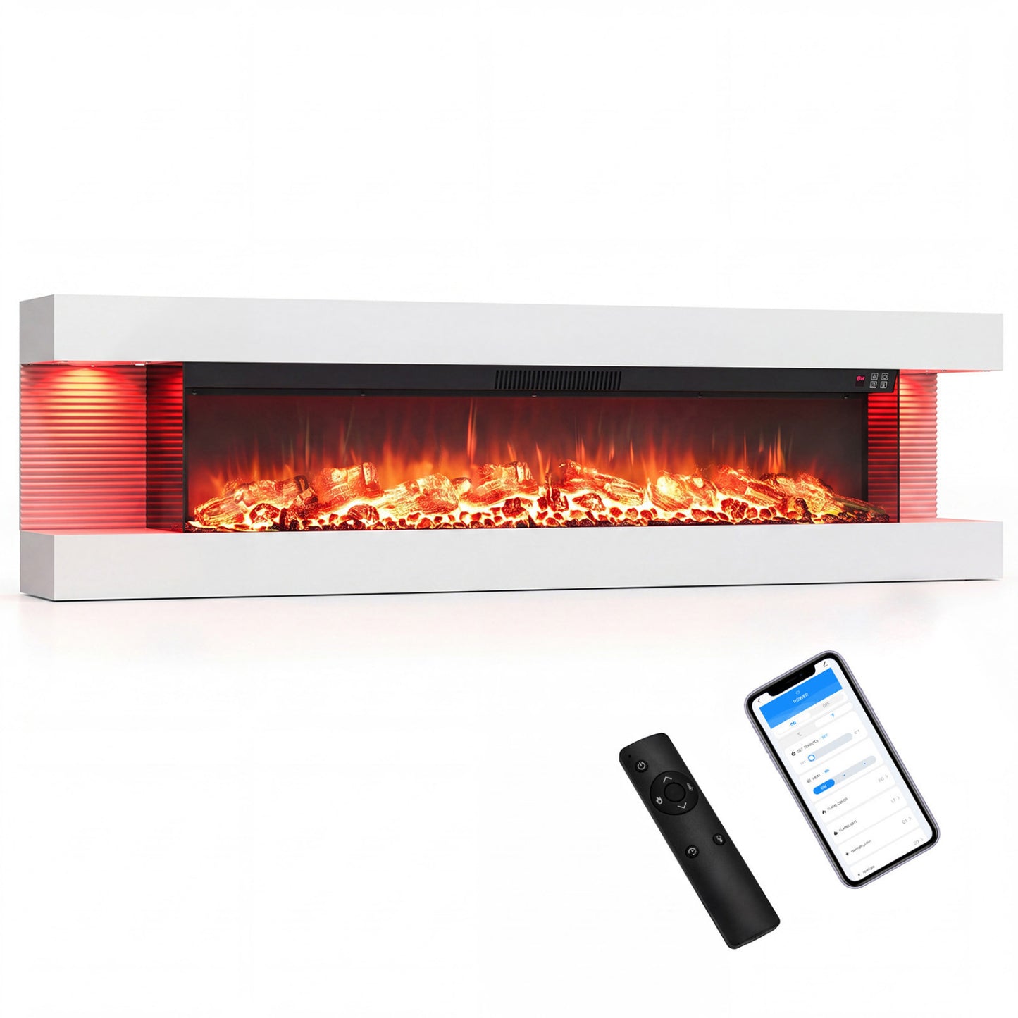 3-Sided White Wall Mount Electric WiFi Fireplace with Floating Mantel and 12 Flame Ambient-60 Inches
