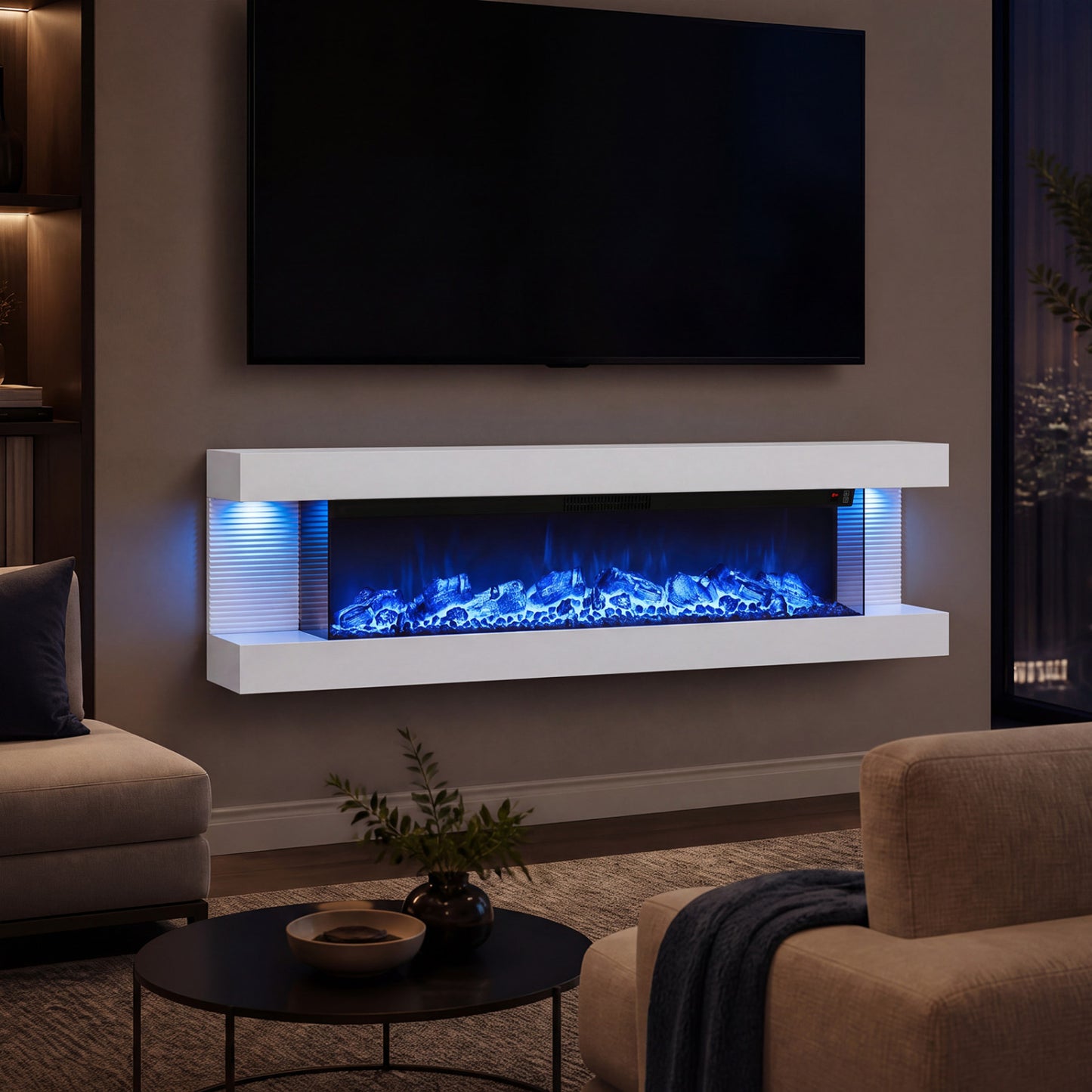 3-Sided White Wall Mount Electric WiFi Fireplace with Floating Mantel and 12 Flame Ambient-60 Inches