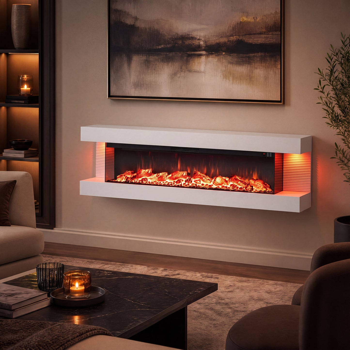 3-Sided White Wall Mount Electric WiFi Fireplace with Floating Mantel and 12 Flame Ambient-60 Inches