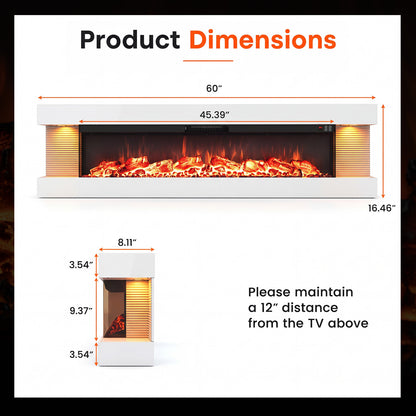 3-Sided White Wall Mount Electric WiFi Fireplace with Floating Mantel and 12 Flame Ambient-60 Inches
