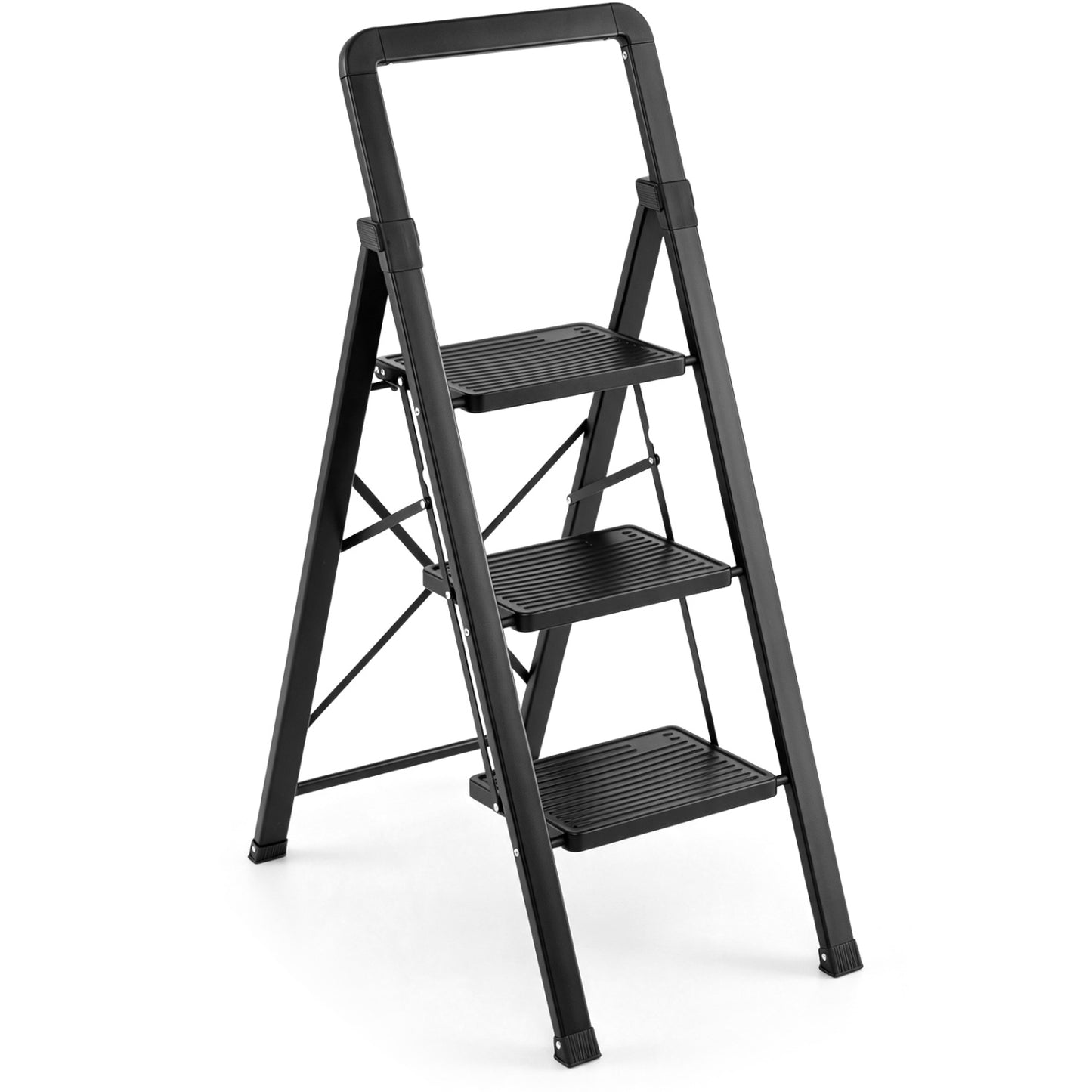 3 Step Black Folding Step Stool with Wide Anti-slip Pedals