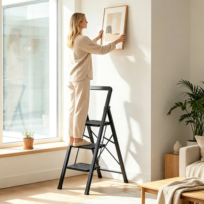 3 Step Black Folding Step Stool with Wide Anti-slip Pedals