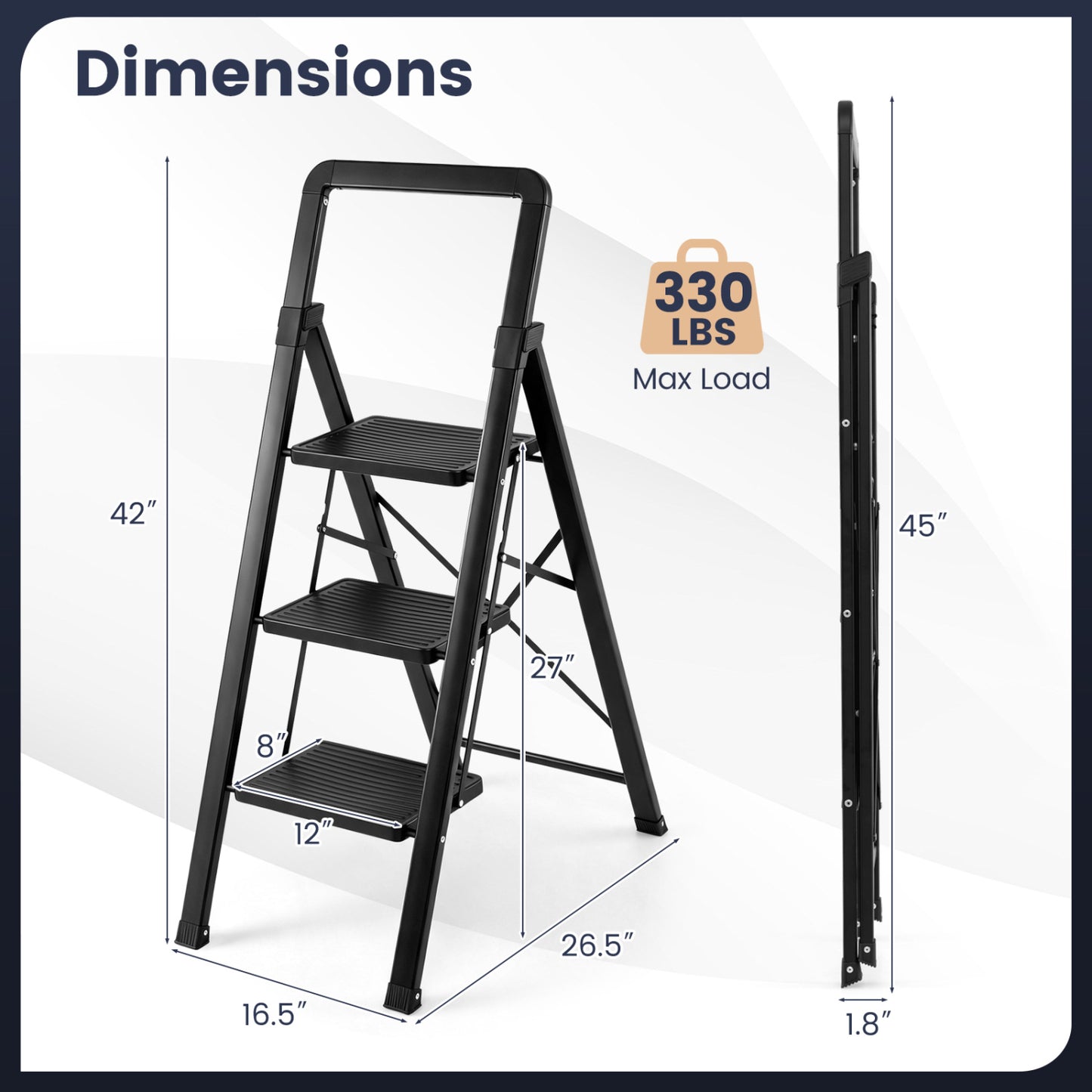 3 Step Black Folding Step Stool with Wide Anti-slip Pedals