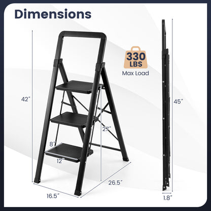 3 Step Black Folding Step Stool with Wide Anti-slip Pedals
