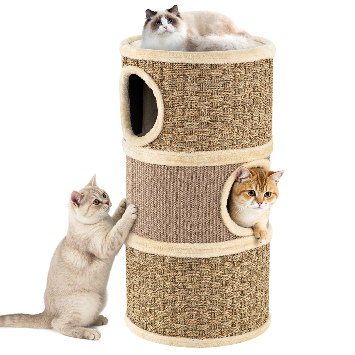 3-Story Cat Condo 28 Inch Multi-level Cat Hideaway with Sisal Scratching Pad-Brown