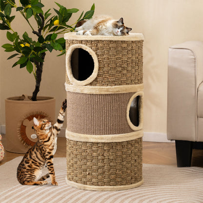 3-Story Cat Condo 28 Inch Multi-level Cat Hideaway with Sisal Scratching Pad-Brown