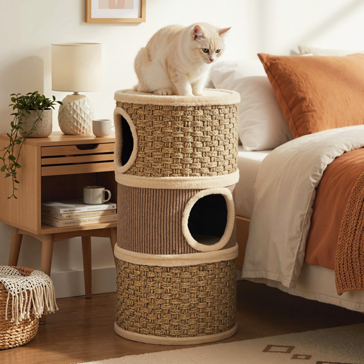 3-Story Cat Condo 28 Inch Multi-level Cat Hideaway with Sisal Scratching Pad-Brown