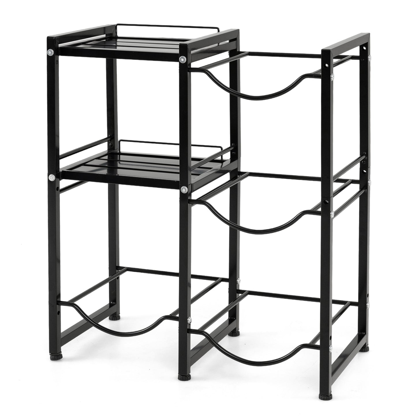 Black 3-tier 5-gallon water jug holder with shelves for outdoor storage, ideal for garages and yard organization.