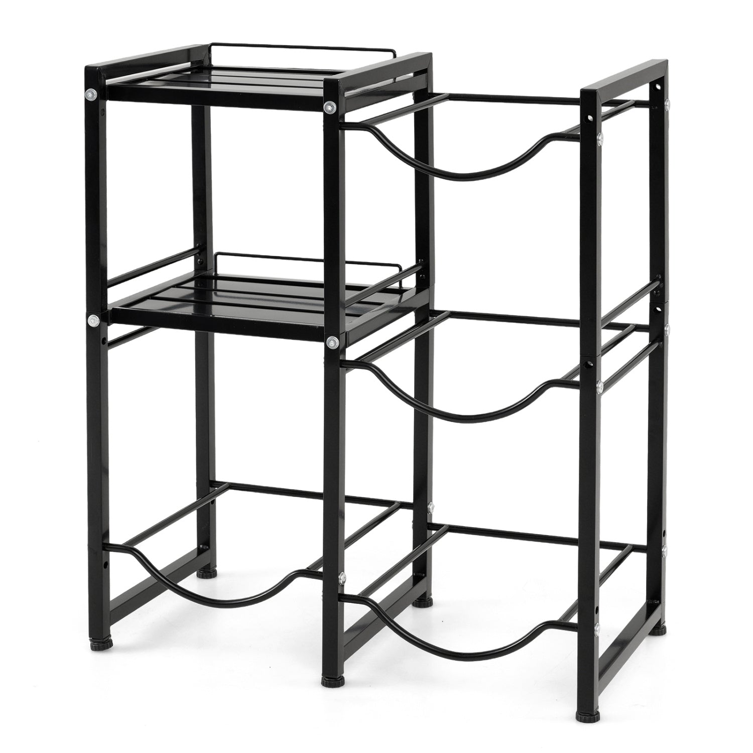 Black 3-tier 5-gallon water jug holder with shelves for outdoor storage, ideal for garages and yard organization.