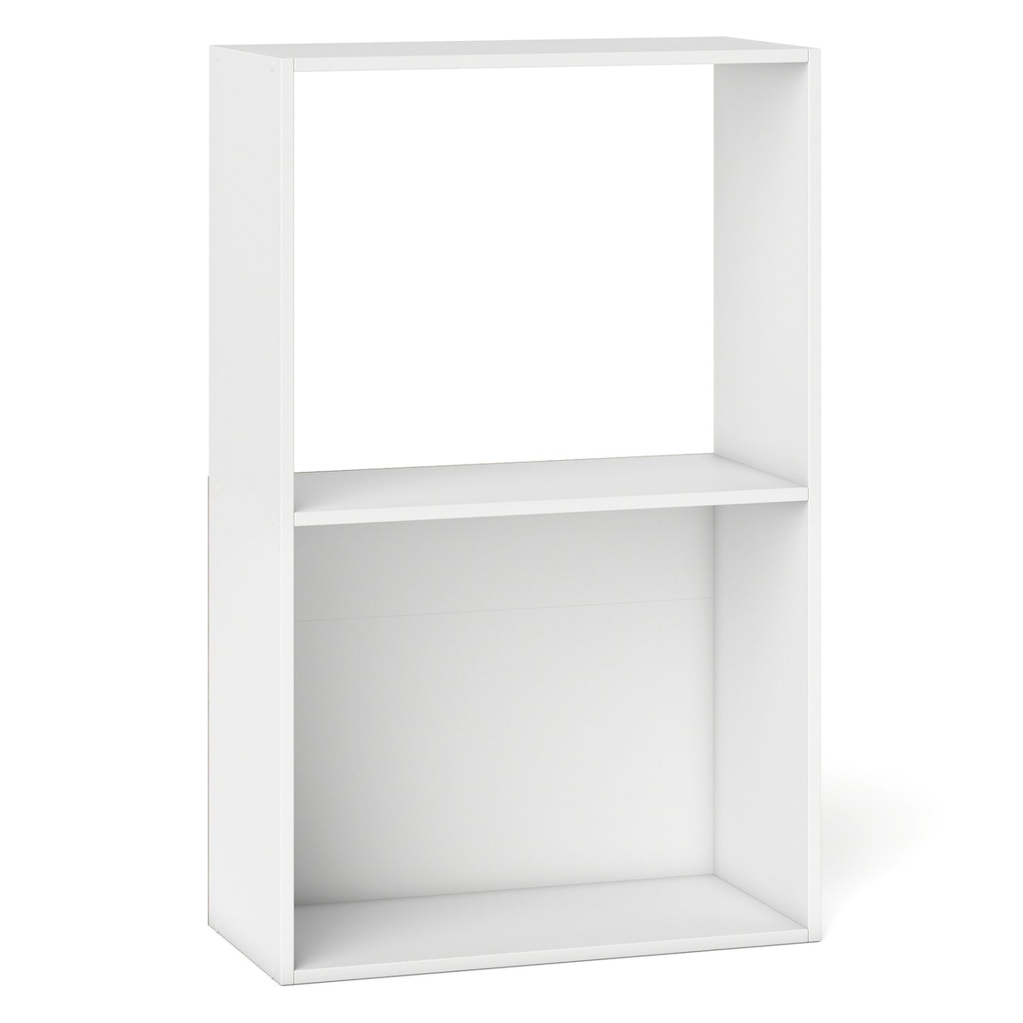 Black 3-tier bookshelf with open storage compartment and display shelf, perfect for home office organization.
