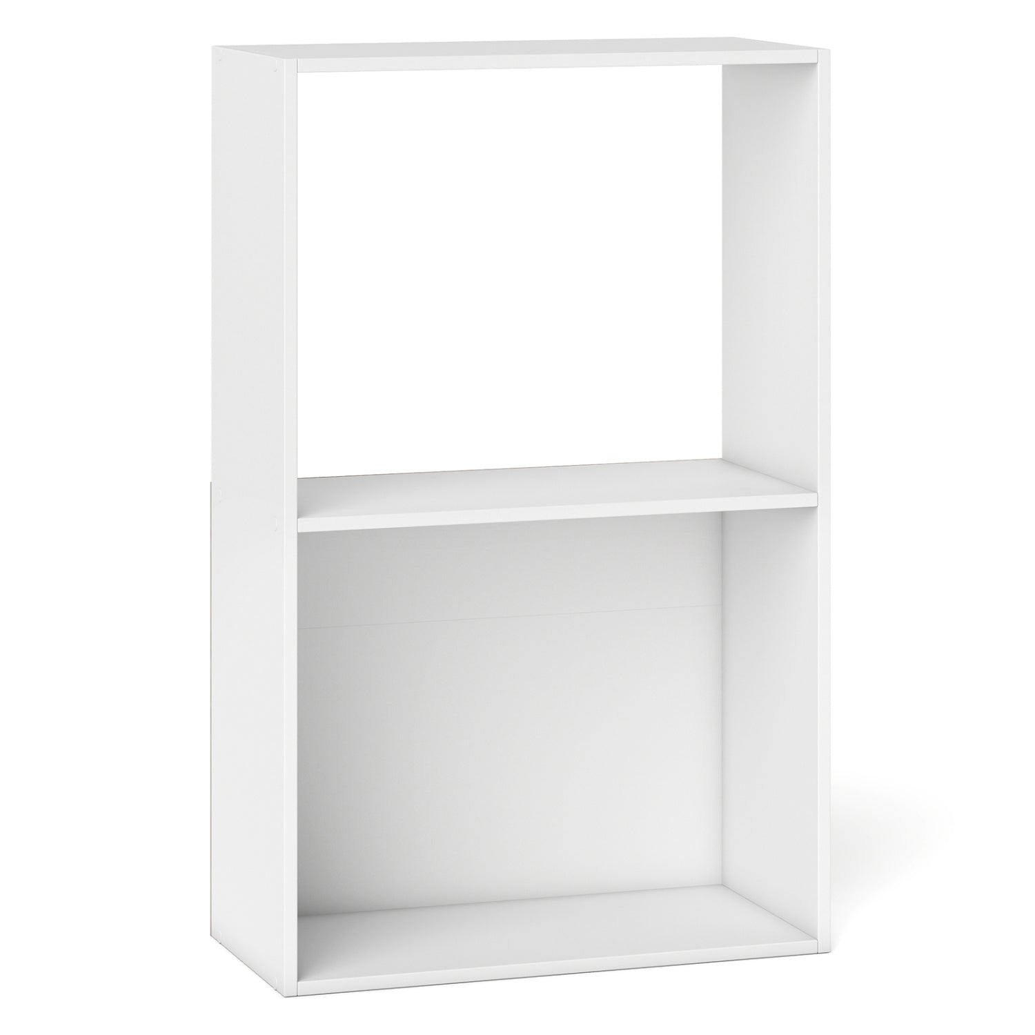 Black 3-tier bookshelf with open storage compartment and display shelf, perfect for home office organization.