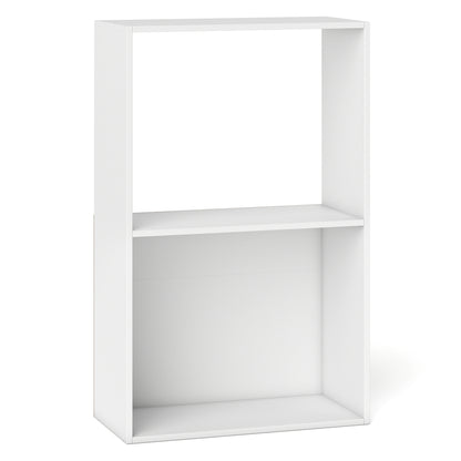 Black 3-tier bookshelf with open storage compartment and display shelf, perfect for home office organization.