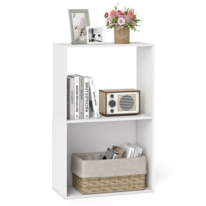 Black 3-tier bookshelf with open storage compartment and display shelf, ideal for home office organization and decor.