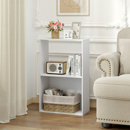 Black 3-tier bookshelf with open storage compartment and display shelf, ideal for home office organization and decor.