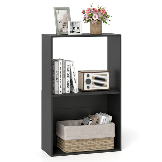 Black 3-tier bookshelf with open storage compartment and display shelf, ideal for home office organization and decor.