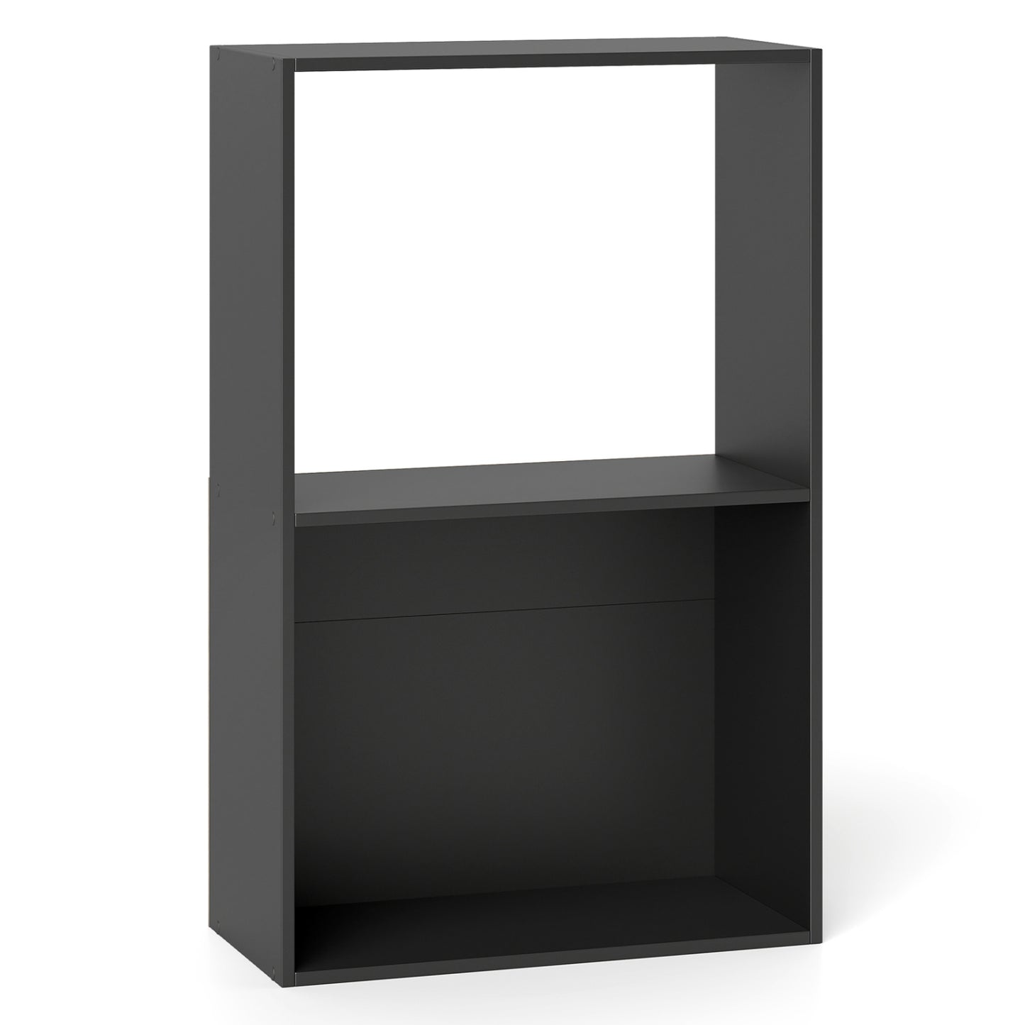 Black 3-tier bookshelf with open storage compartment and display shelf, ideal for home office organization and decor.