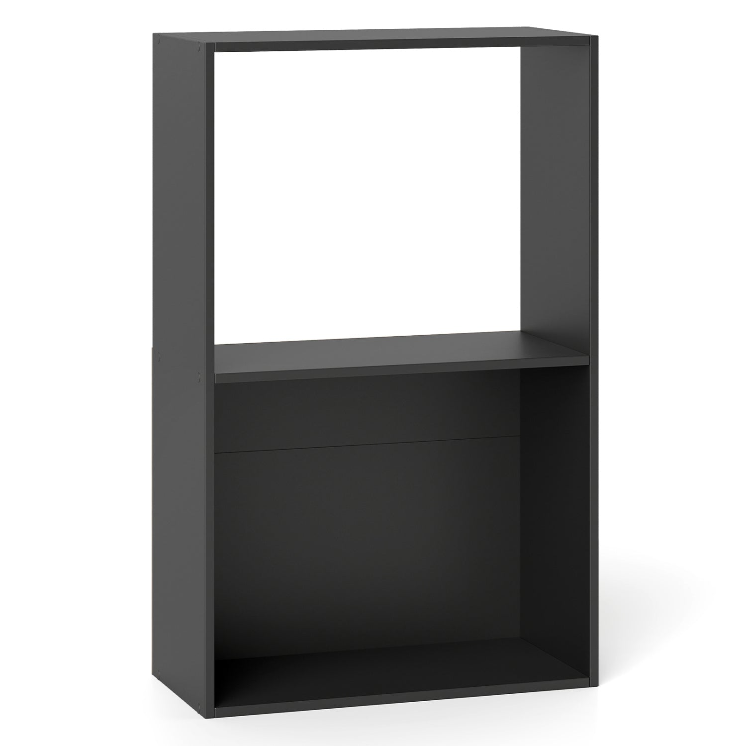 Black 3-tier bookshelf with open storage compartment and display shelf, ideal for home office organization and decor.