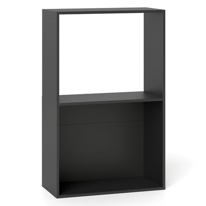 Black 3-tier bookshelf with open storage compartment and display shelf, ideal for home office organization and decor.