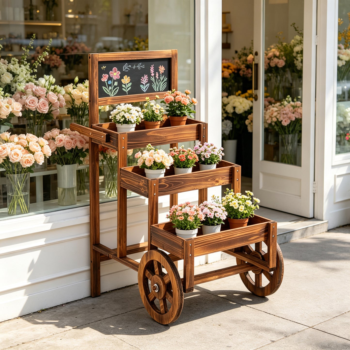 3-Tier Carbonized Fir Wood Plant Display Stand Wooden Dessert Candy Cart-Brown